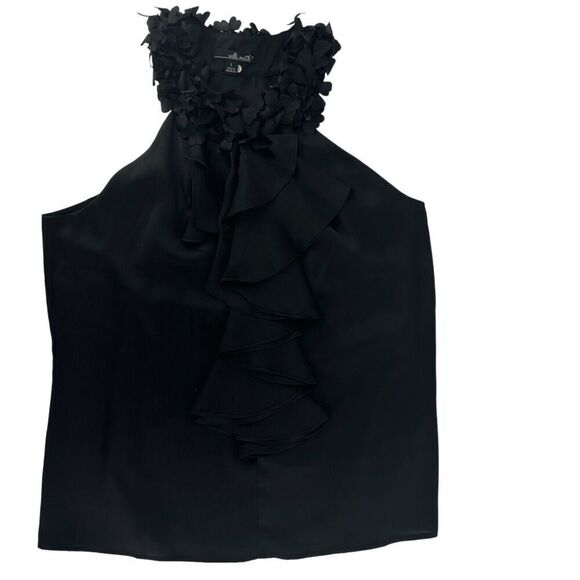 Willie Smith Black Satin Ruffle Sleeveless Top Size L Flirty Collar Racerback - Picture 2 of 8